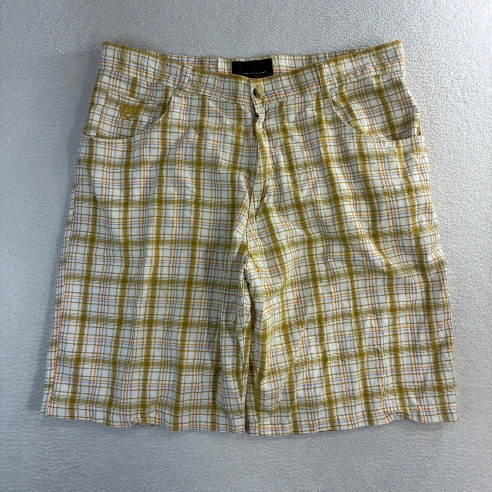 Vintage Phat Farm Baggy Shorts‎ Mens 40x11 White Brown Plaid Loose Relaxed Y2K